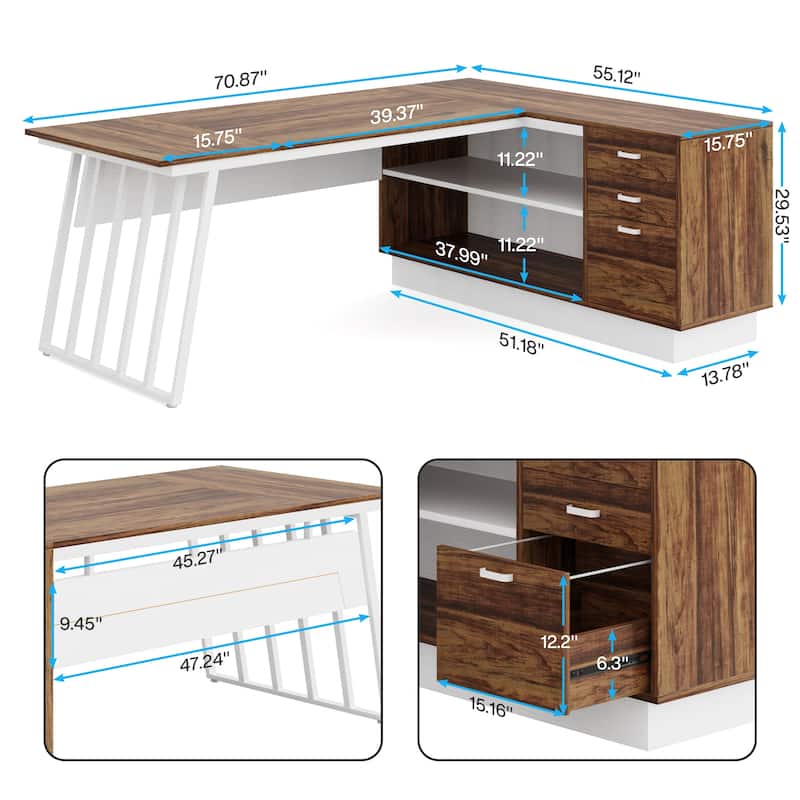 71 Inch Modern Executive Desk, L-Shaped Desk with Cabinet,Brown and White