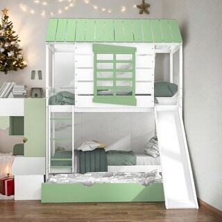 Twin Over Twin Bunk Bed With Convertible Slide And Trundle for Bedroom