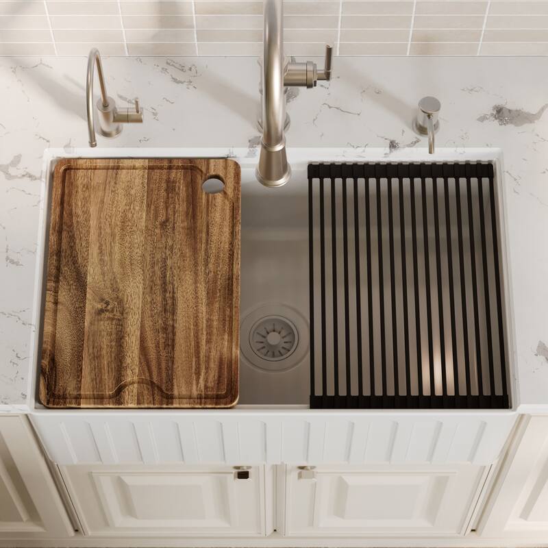 Karran 30" Single Bowl Workstation Fireclay Kitchen Sink with Reversible Fluted Apron Front