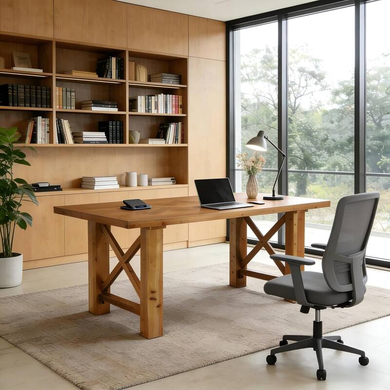 Solid Wood Computer Desk, 63-Inch Office Desk, Executive Study Table for Home Office, Large Legroom