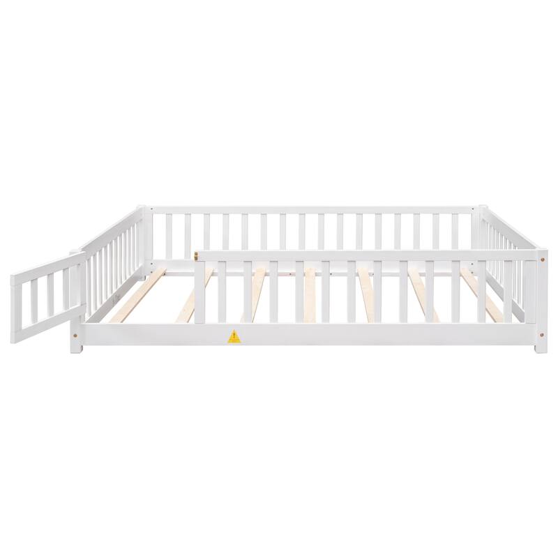 Full size Floor Platform Bed with Fence and Door, White