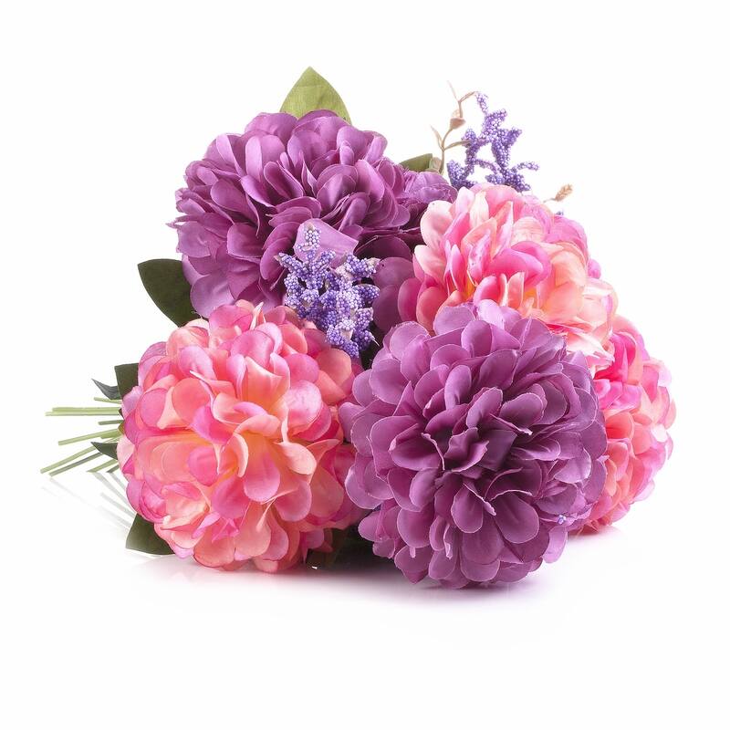 Enova Home 7 Heads Mixed Artificial Silk Dahlia Fake Flowers Arrangement in Glass Vase with Faux Water for Home Wedding Decor