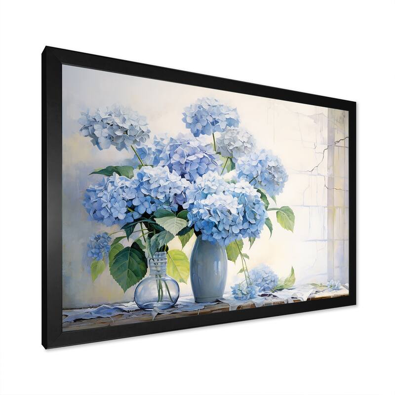 Designart "Blue Hydrangea Farmhouse Still Life " Hydrangea Framed Canvas Wall Art