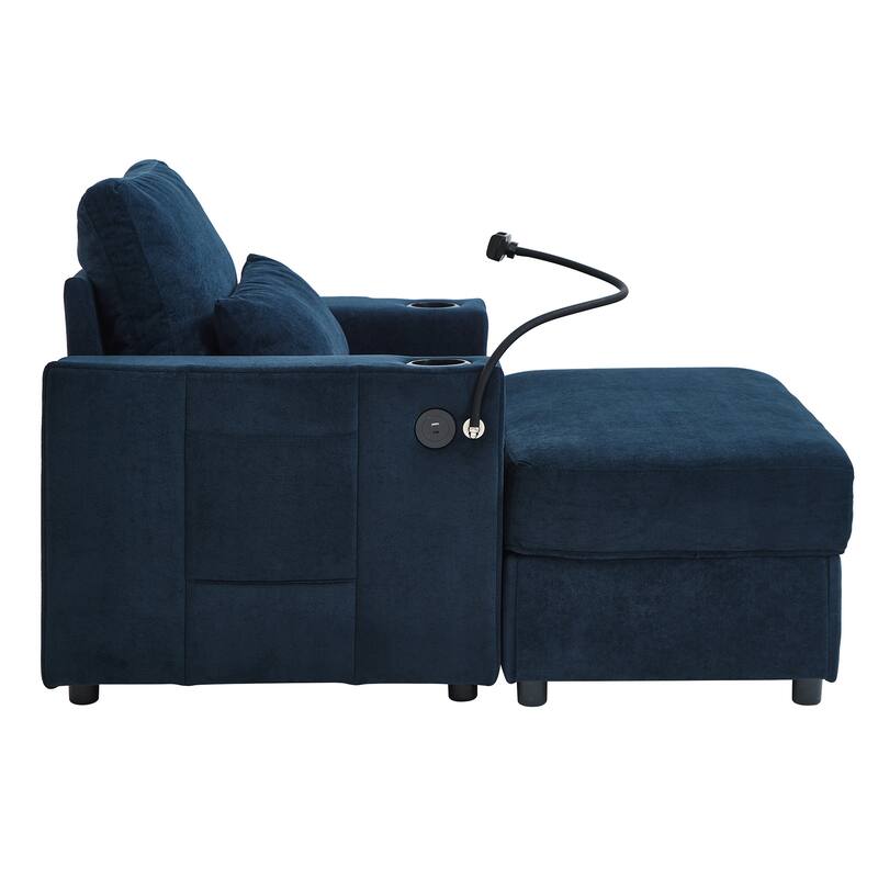 Chenille Modern Chaise Lounge Sofa with Storage Ottoman, USB Ports, Cup Holders and Side Pockets