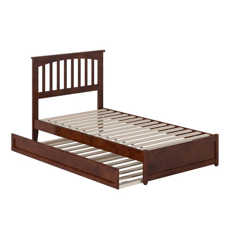 Twin Platform Bed with Trundle - Mission Style Bed, Walnut Finish, Vertical Slats & USB Charger