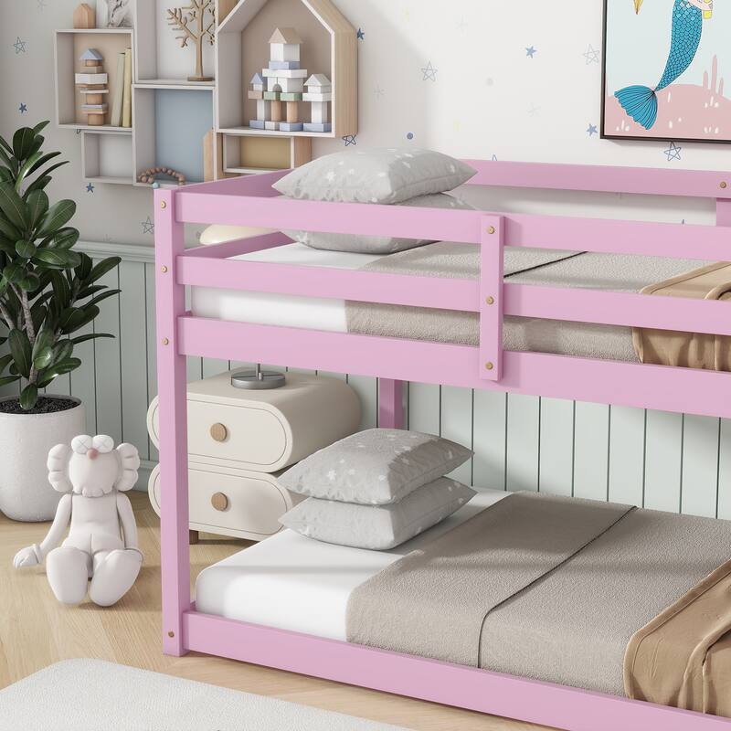 Pink Twin over Twin Solid Rubber Wood Bunk Bed with Ladder and Strengthened Slats