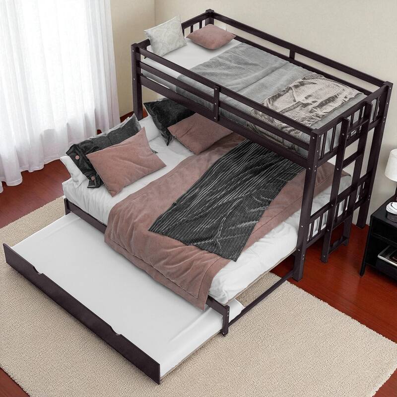 Twin Over Twin Pull-Out Bunk Bed with Trundle, Convertible 4 Beds, Solid Wood Frame with Guardrails and Ladder
