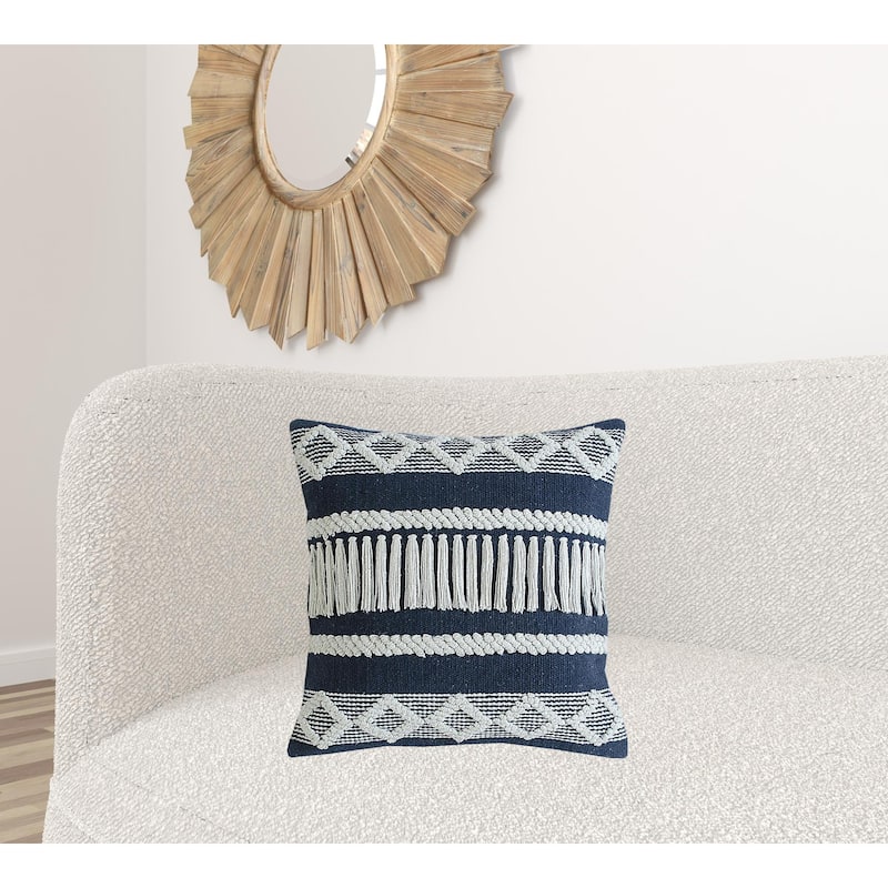 HomeRoots 20" X 20" Blue And Ivory 100% Cotton Geometric Zippered Pillow