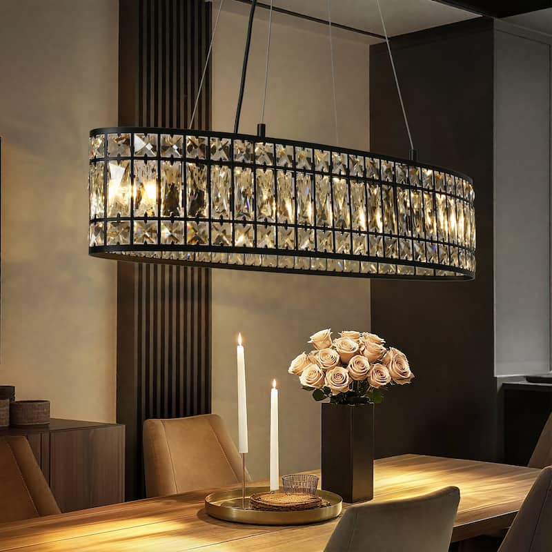 Modern Oval Black 4-Light Crystal Chandelier for Dining Room Kitchen Island - L31.5" x W9" x H67"