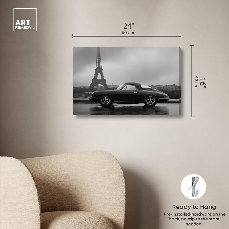Classic Car and Eiffel Noir Canvas by Art Remedy, Gallery Wrapped