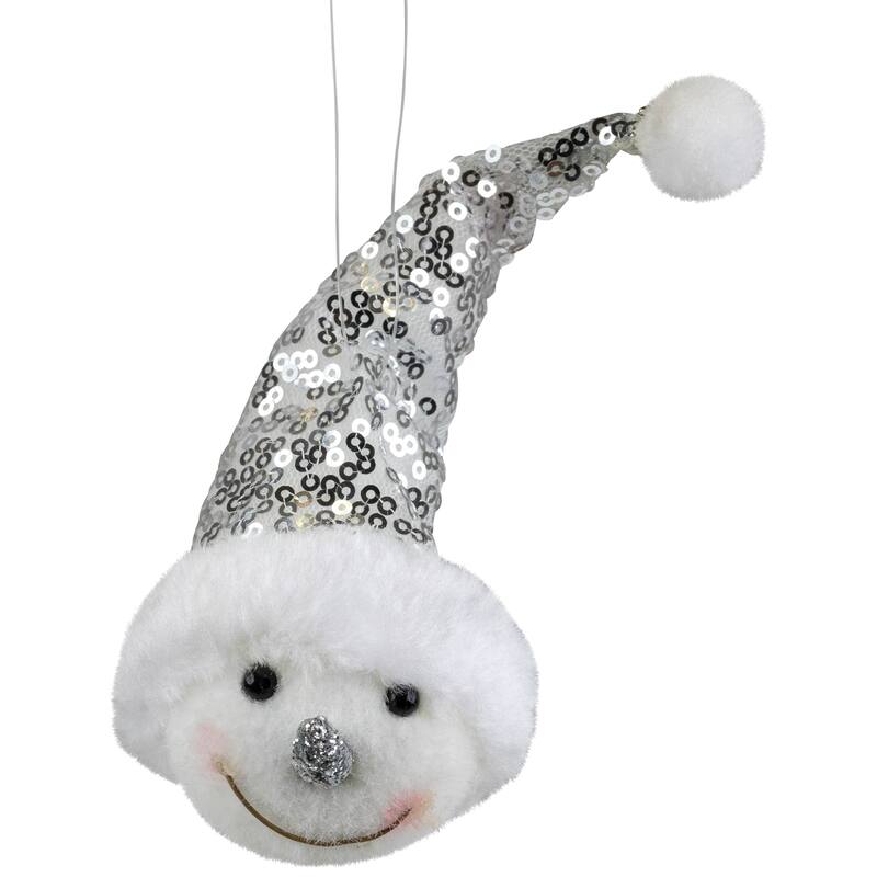 6" Smiling Snowman Head Wearing a Silver Sequin Santa Hat Ornament