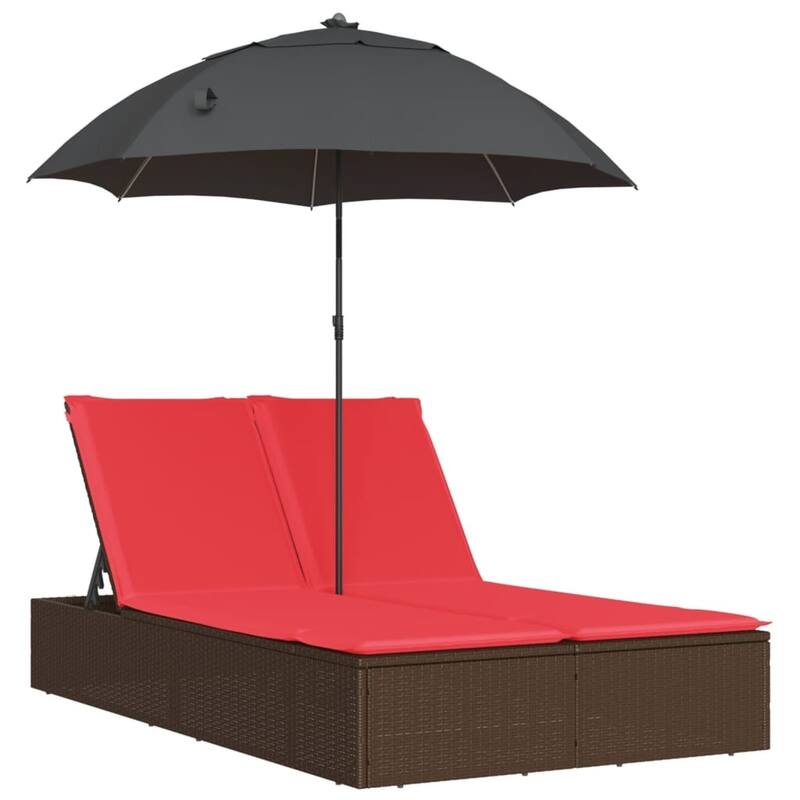 vidaXL Patio Double Sun Lounger&Cushions&Parasol Poly Rattan Brown/Gray/Black - 78.7" x 64.6" x 69.3"