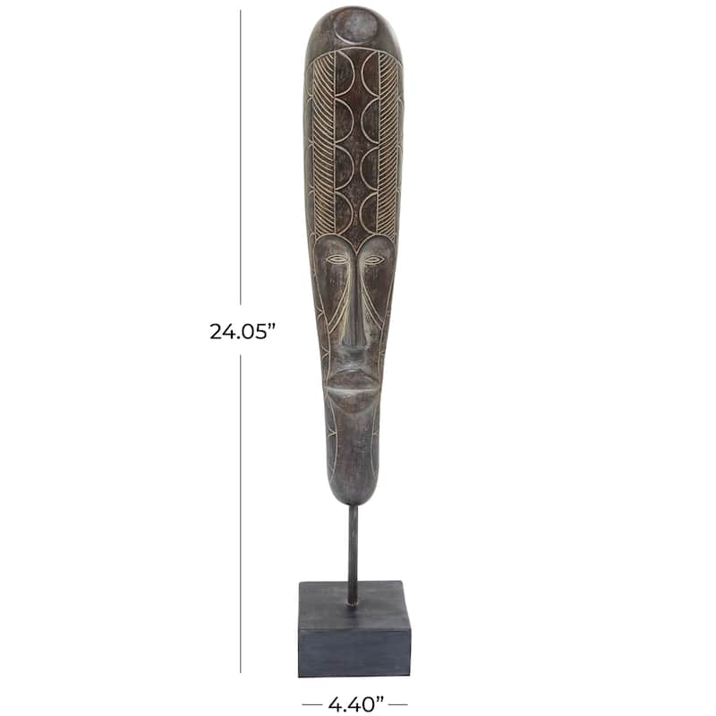 Polystone Mask Slim African Tribal Sculpture with Cream Geometric Carvings - Brown - Roche River Decor - 4"W x 4"L x 24"H