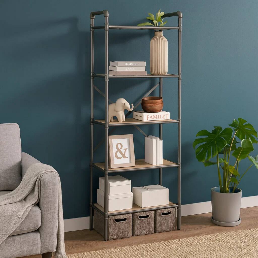 Five-Tier Metal Bookshelf With Wooden Shelves, Oak Brown & Gray