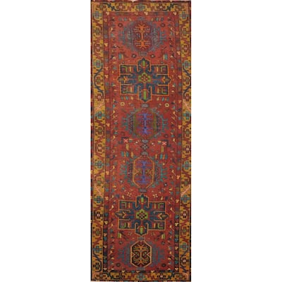 Hand Knotted Oriental 100% Wool Carpet Traditional Geometric Oranges & Rust Heriz Runner Rug - 10' 5'' X 3' 0''