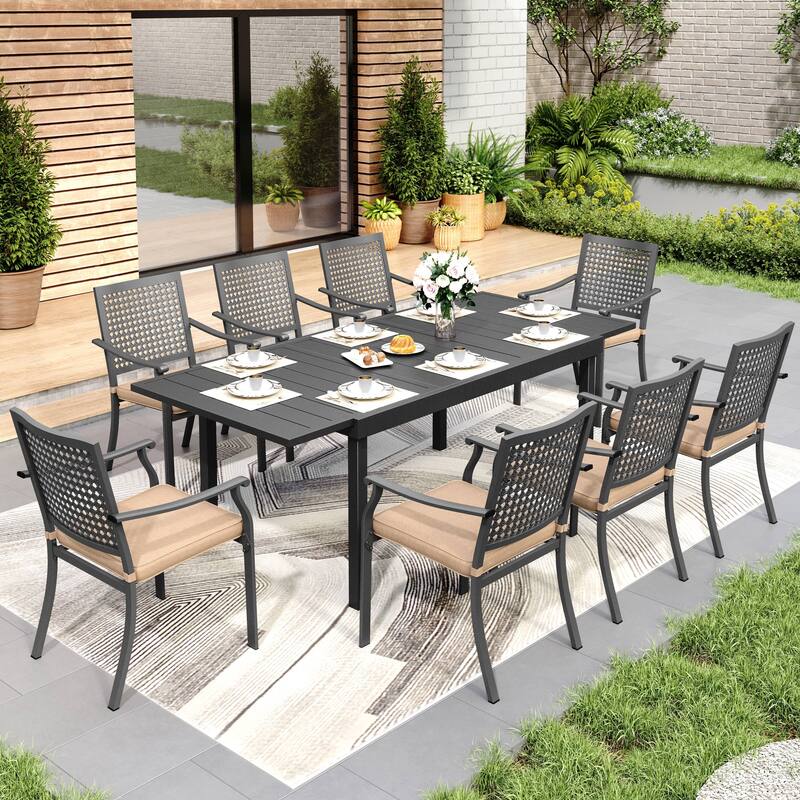 MAISON ARTS 7/9-Piece Patio Dining Set Metal E-coating of 6 Upgraded Back Pattern Chairs & 1 Expandable Metal Table - 9-Piece