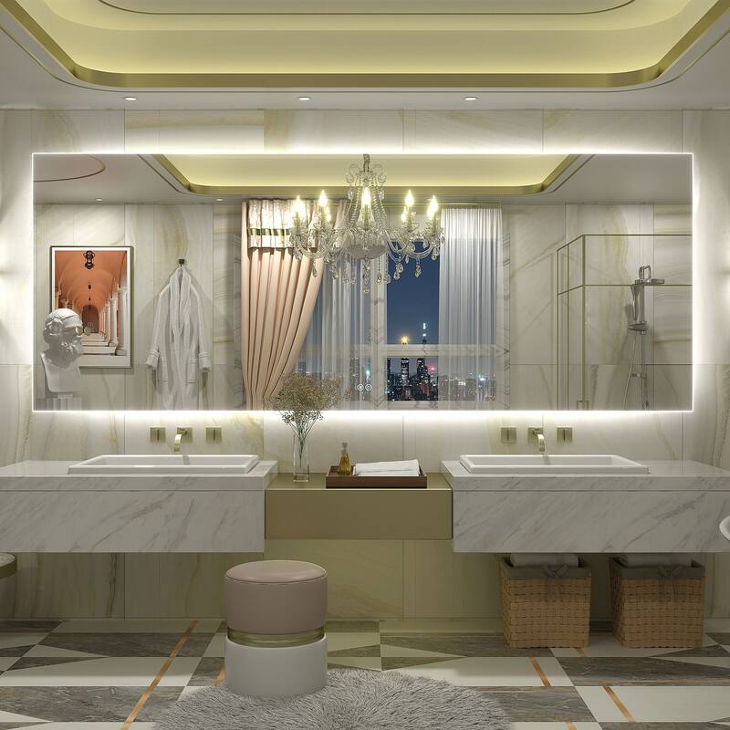 Frameless Anti-Fog 3 Colors Dimmable LED Backlit Wall Bathroom Vanity Mirror - 84" x 32"-Rectangular