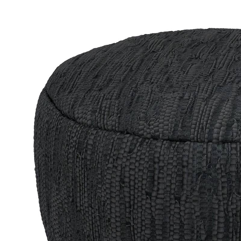 Simpli Home Fredrik 30" Wide Boho Pouf in Black Genuine Woven Leather, Assembled