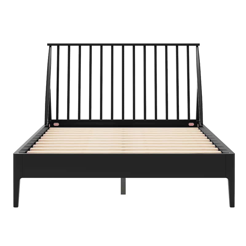 Solid Bamboo Platform Bed Bohemian Bed Frame with 46.5" Tall Spindle Headboard/Wooden Slats & Metal Support/No Box Spring Needed