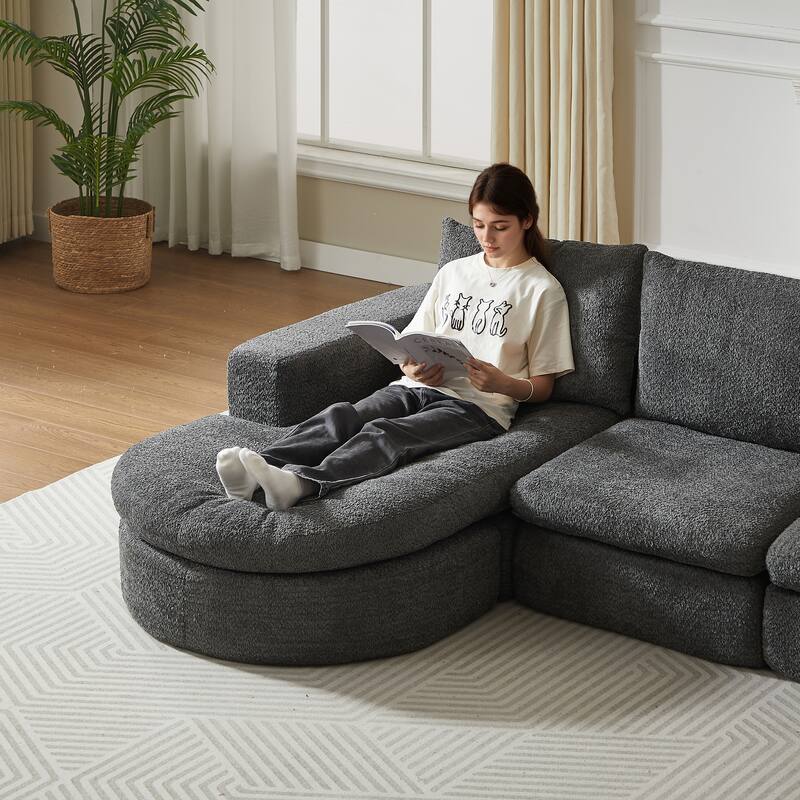 Curved Sectional Sofa with L-Shape Chaise, Chenille Upholstered Boneless Cloud Sofa, Modular 4 Seat Corner Sofa with Cushions