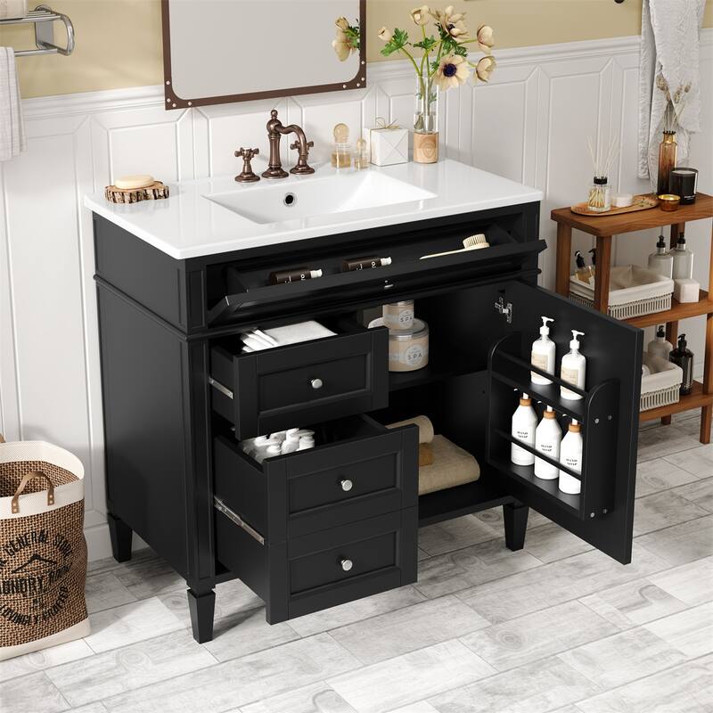 36'' Bathroom Storage Vanity Cabinet with Single Ceramic Sink, Drawers - Black