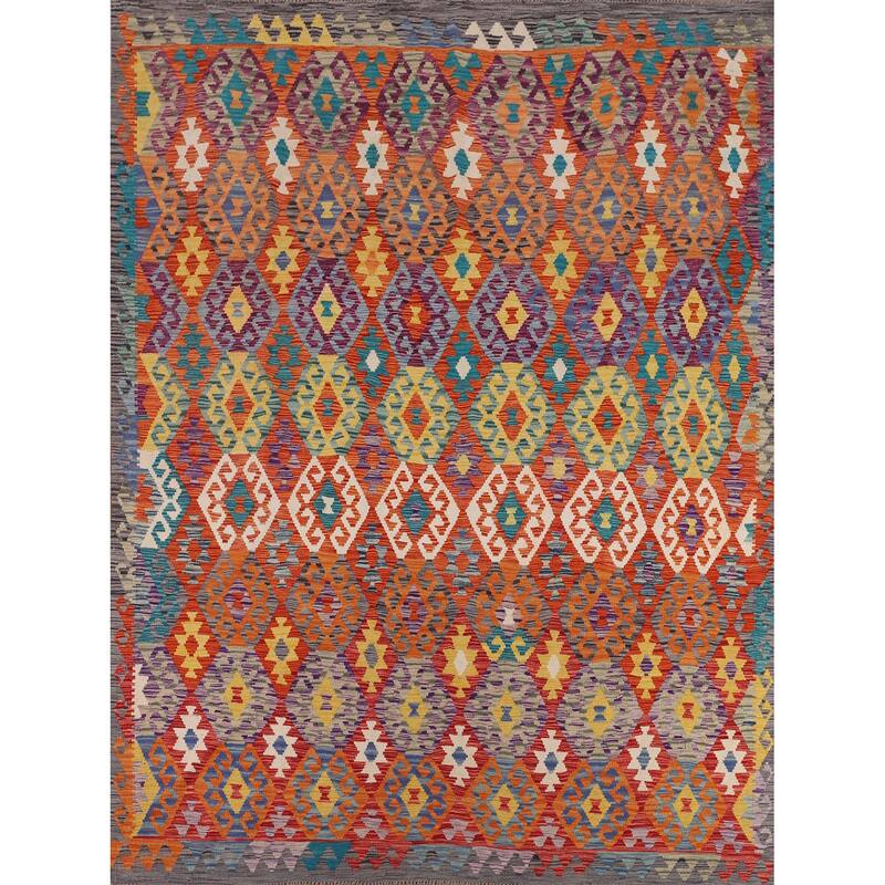 Reversible Orange Kilim Area Rug Flatweave Oriental Wool Carpet - 7'11" x 9'7"