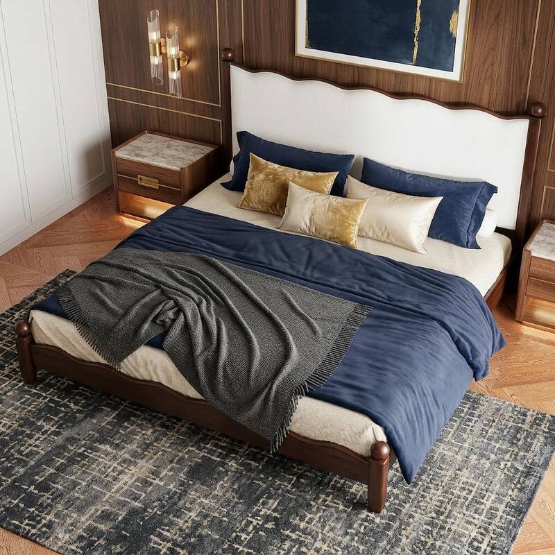 Wood Platform Bed with Upholstered Headboard by Harper&Bright Designs