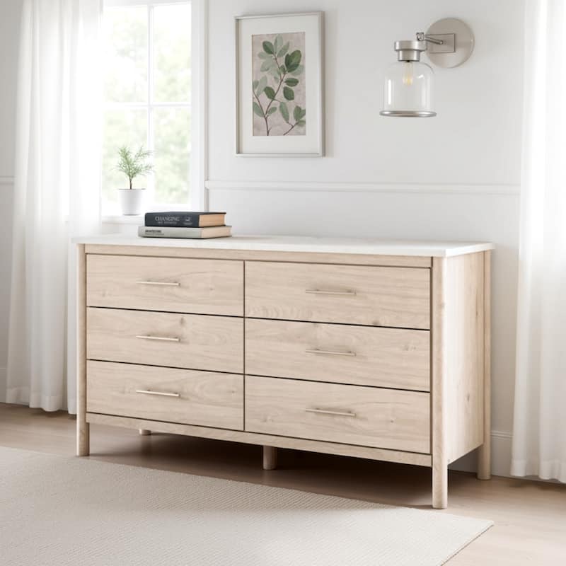 Mooran Wide Dresser, 6 Drawers, White Marble Finish Top, Brown Beige