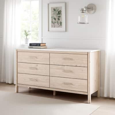 Mooran Wide Dresser, 6 Drawers, White Marble Finish Top, Brown Beige