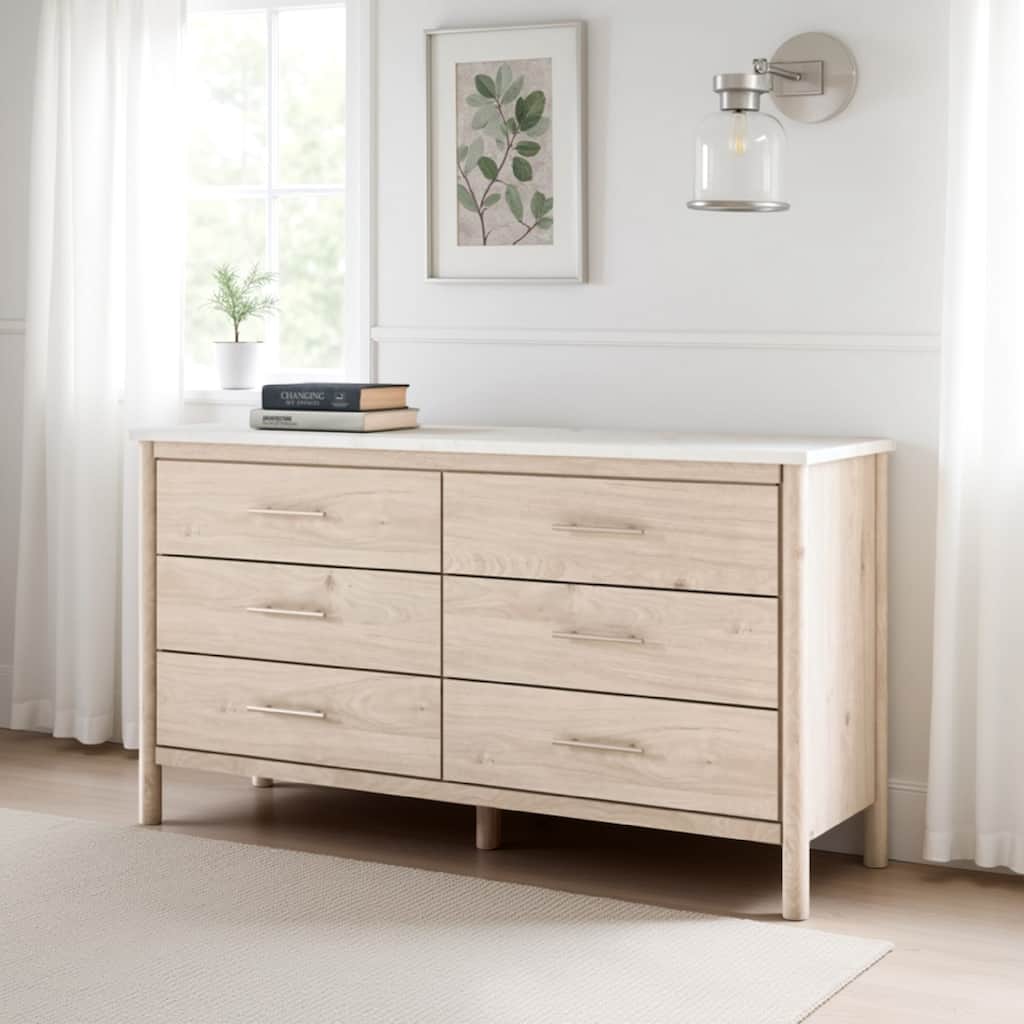Mooran Wide Dresser, 6 Drawers, White Marble Finish Top, Brown Beige