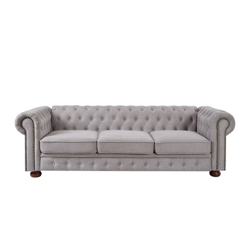 3 Seat Linen Fabric Couch, Solid Wood Chesterfield Round Armrest Sofa