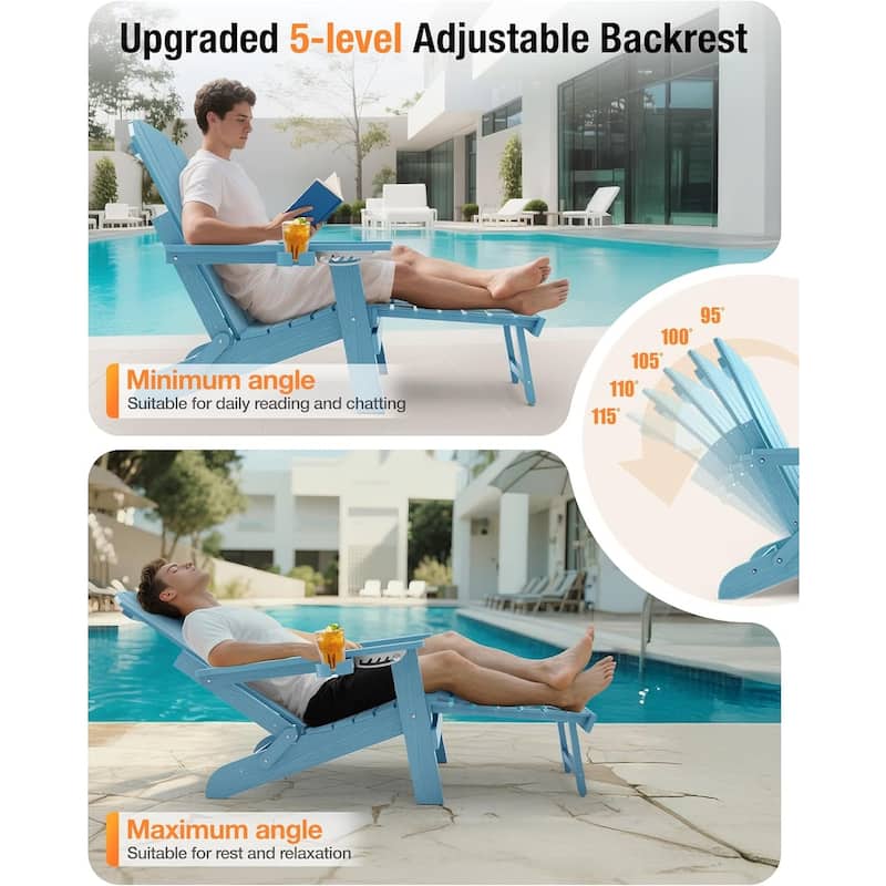 WINSOON All Weather HIPS Folding Adirondack Chair with Ottoman, 5-Gear Adjustable Backrest and Retractable Ottoman Set of 4