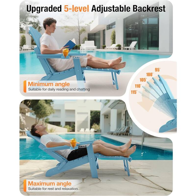WINSOON Set of 2 HIPS Folding Adirondack Chair with Adjustable Backrest and Retractable Ottoman