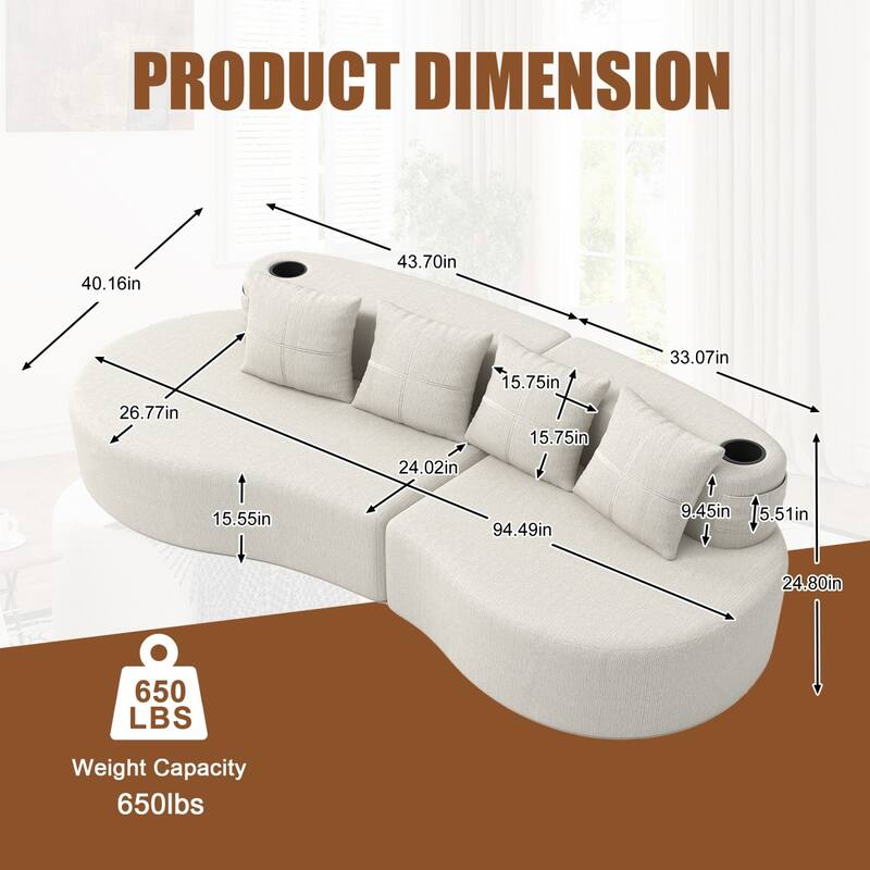 94.49" Chenille Curved Sectional Sofa with Pillows, No Assembly Required