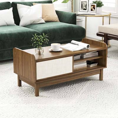 Modern Coffee Table Wooden Accent Center Tables w/ Sliding Doors