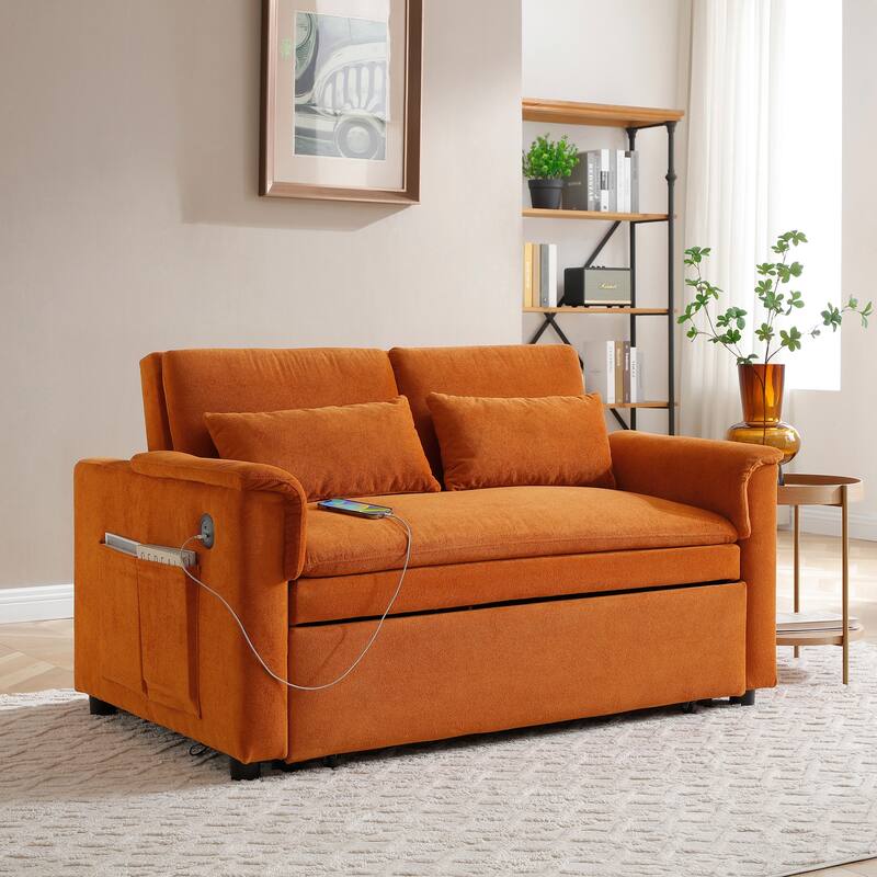 3 in 1 Convertible Sofa Bed with USB Port, Velvet 2 Seater Pull Out Sofa Bed, Loveseat Sofa with Adjustable Back & Side Pockets