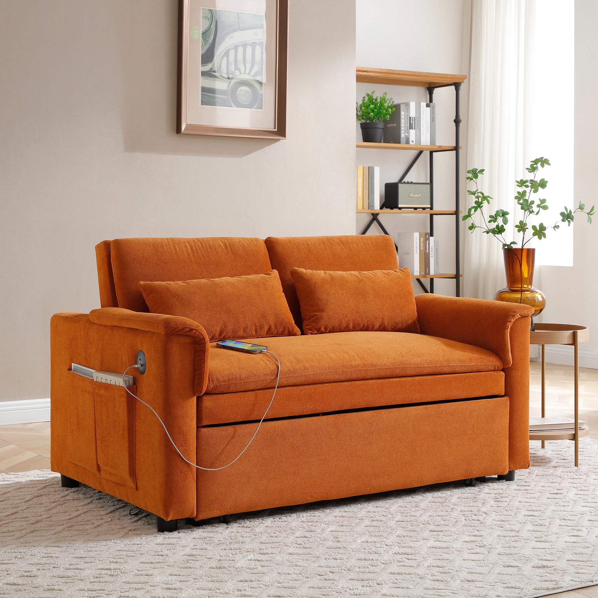 Orange Pull-Out Sofa Bed with USB Ports & Pockets, Reclining Loveseat Sleeper Sofa Couch with Adjustable Backrest