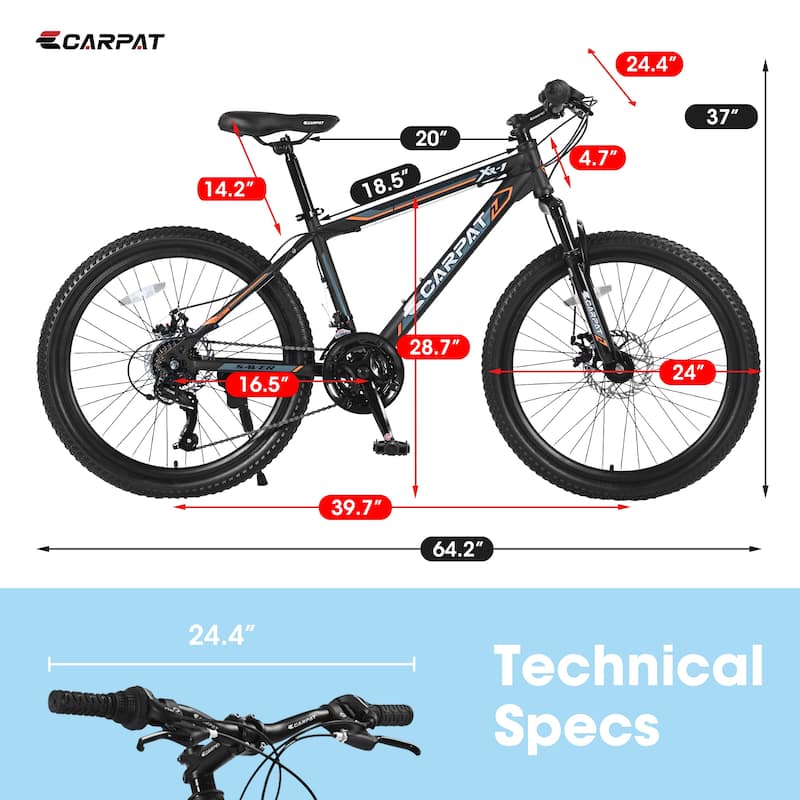 24 Inch Steel Frame, Mountain Cycling Bike Shimano 21 Speed Road Commuting Bicycle with Daul Disc Brakes and Front Suspension
