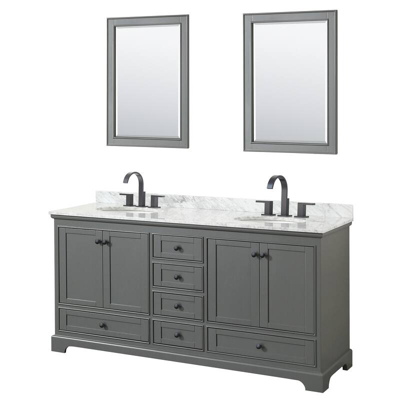 Deborah 72-inch Dark Gray Double Vanity, Oval Sinks, 24-inch Mirrors - Dark Gray, Black Trim, White Carrara Marble Top