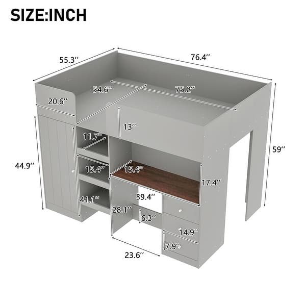 Wood Full Size Loft Bed with Built-in Wardrobe, Desk, Storage Shelves, and Drawers