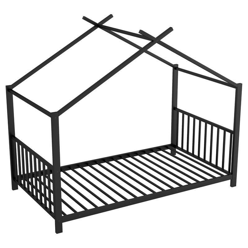 Roomfitters Twin Size Metal House Platform Bed Frame with Modern Minimalist Style and Guardrail
