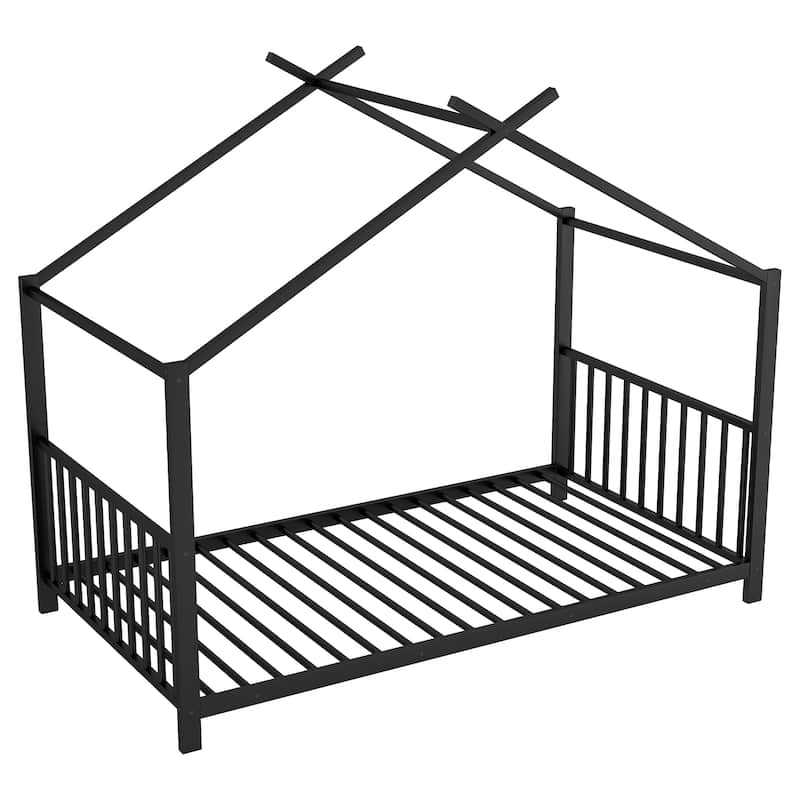 Twin Size Metal House Platform Bed in Black for Kids' Bedroom