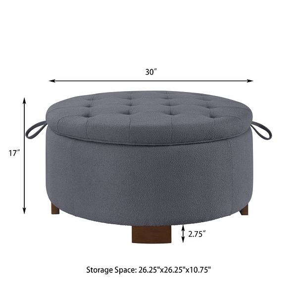 dimension image slide 5 of 10, 30" Round Boucle Storage Ottoman with Reversible Tray Lid & Wood Legs