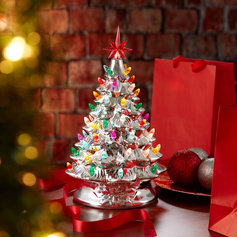 15in Hand Painted Ceramic Christmas Tree Silver PreLit Tree w Star