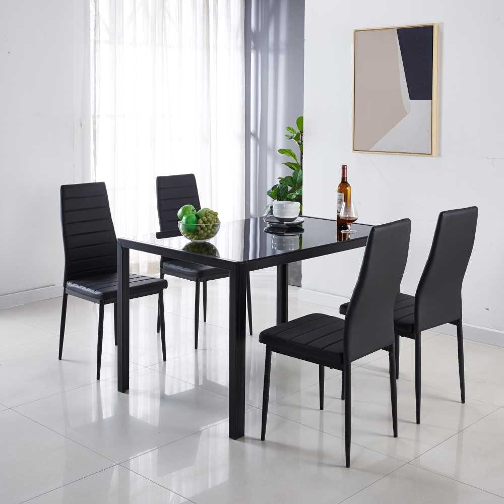 HomeSailing Set of 4 Black Linen Dining Chairs and Rectangular Transparent Tempered Glass Dining Table with Metal Kitchen High Back Padded Chairs and Table Set