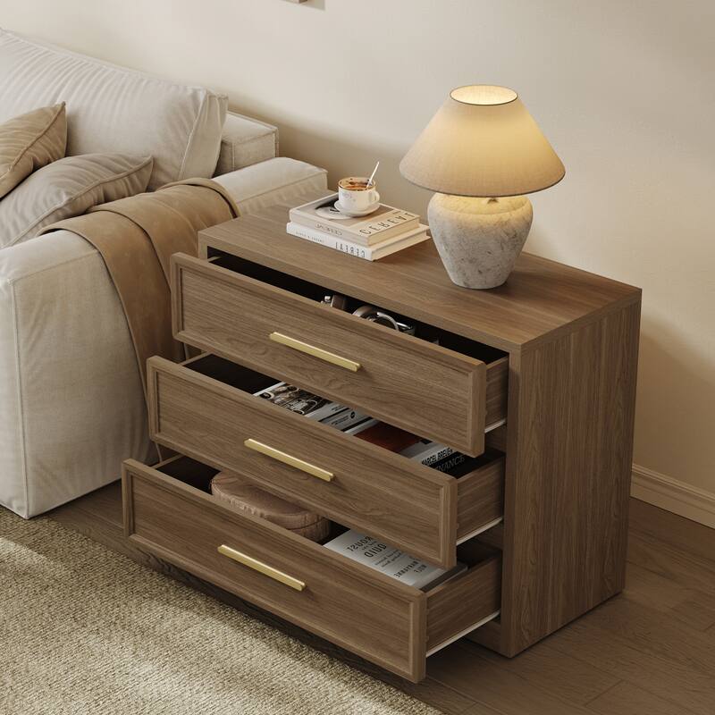 Gold-Accent 3-Drawer Nightstand: Multi-Use for Bedrooms, Guest Rooms & Dressers