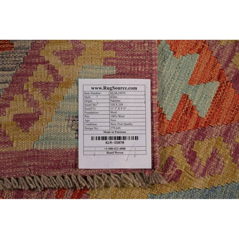 Geometric Kilim Area Rug Hand-Woven Wool Carpet - 8'5"x 11'1"