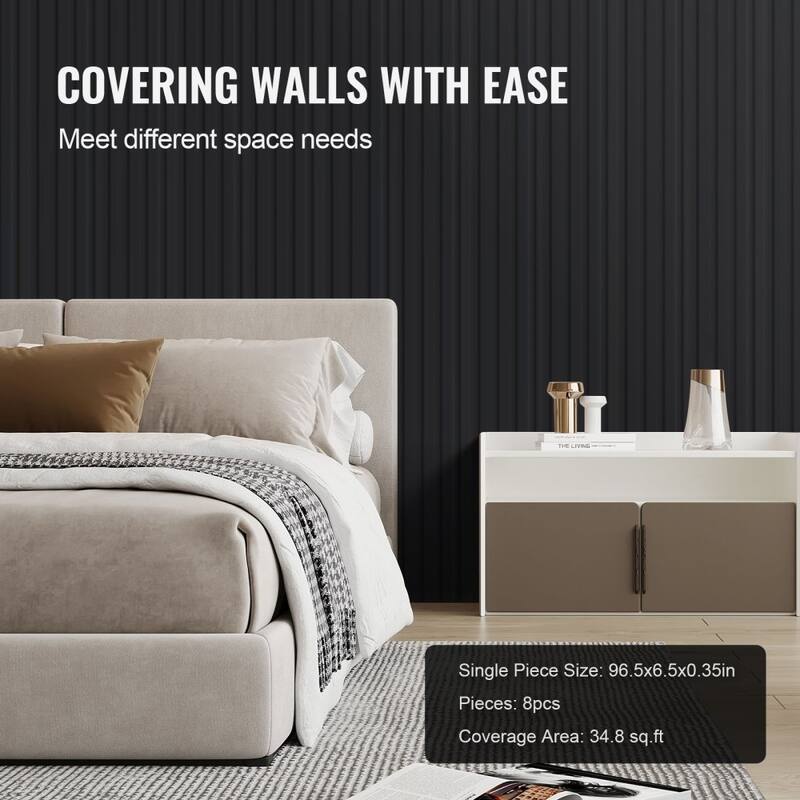 34.8 Sq Ft WPC Acoustic Wall Panels 8 Pieces Fire-Resistant Slat Design for Soundproof Room Decor - 96.5" x 6.5" x 0.35"