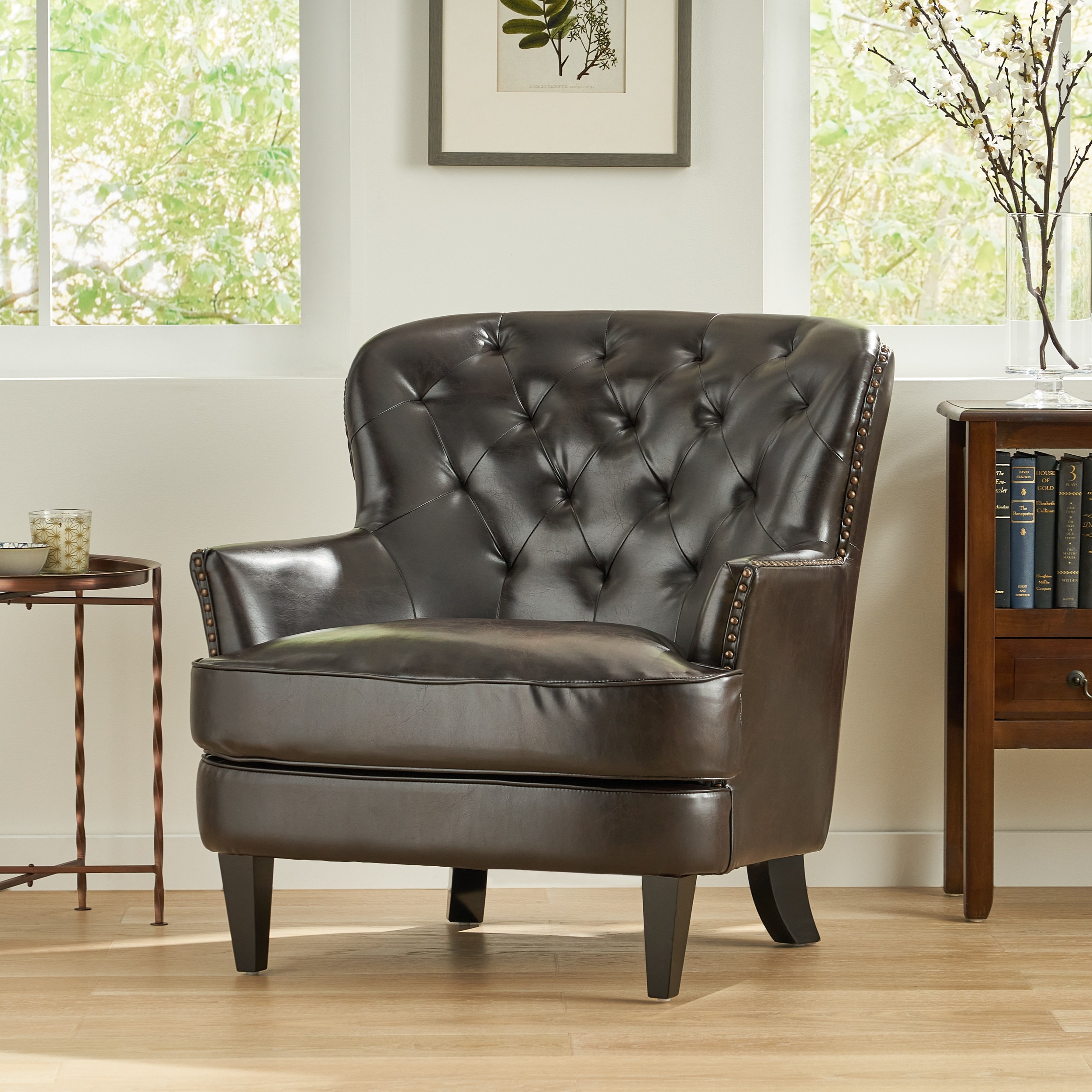 Tafton brown leather tufted club chair top