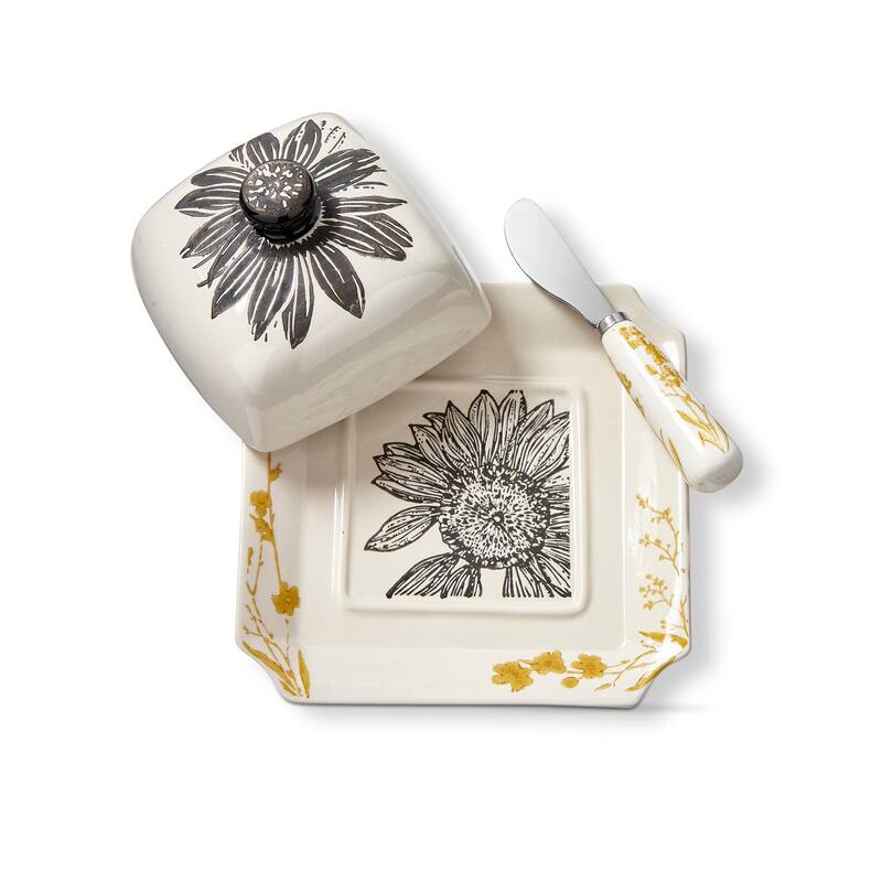 Let It Bee Sunflower Stoneware Butter Dish with Lid and Spreader, 6.6"L x 6.6"W x 4.85"H - Beige